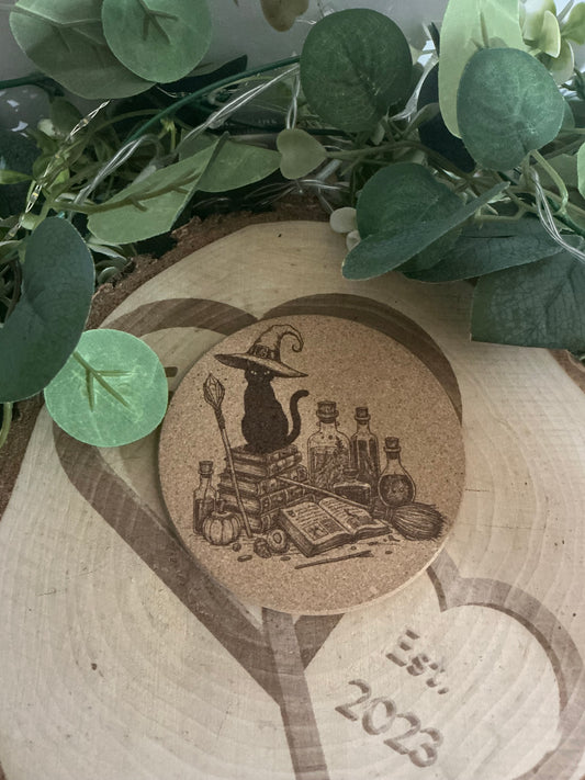 Witchy Cat Cork Coaster – Cottagecore Occult Cat Drink Mat & Mystical Home Décor