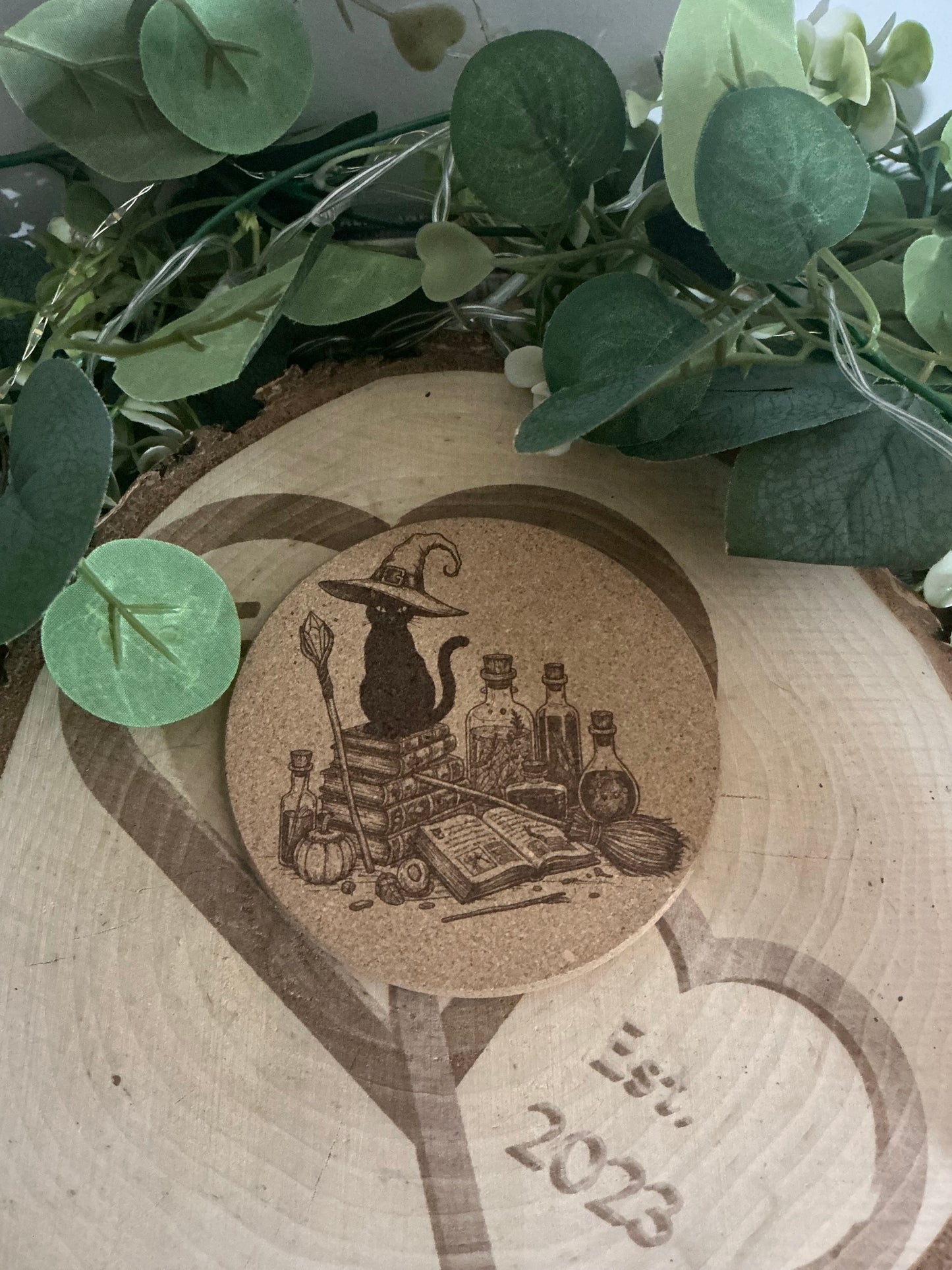 Witchy Cat Cork Coaster – Cottagecore Occult Cat Drink Mat & Mystical Home Décor
