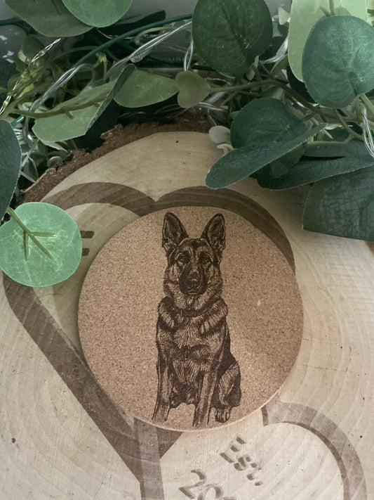 German Shepherd Dog Cork Coaster – Custom Engraved Drink Mat for Dog Lovers