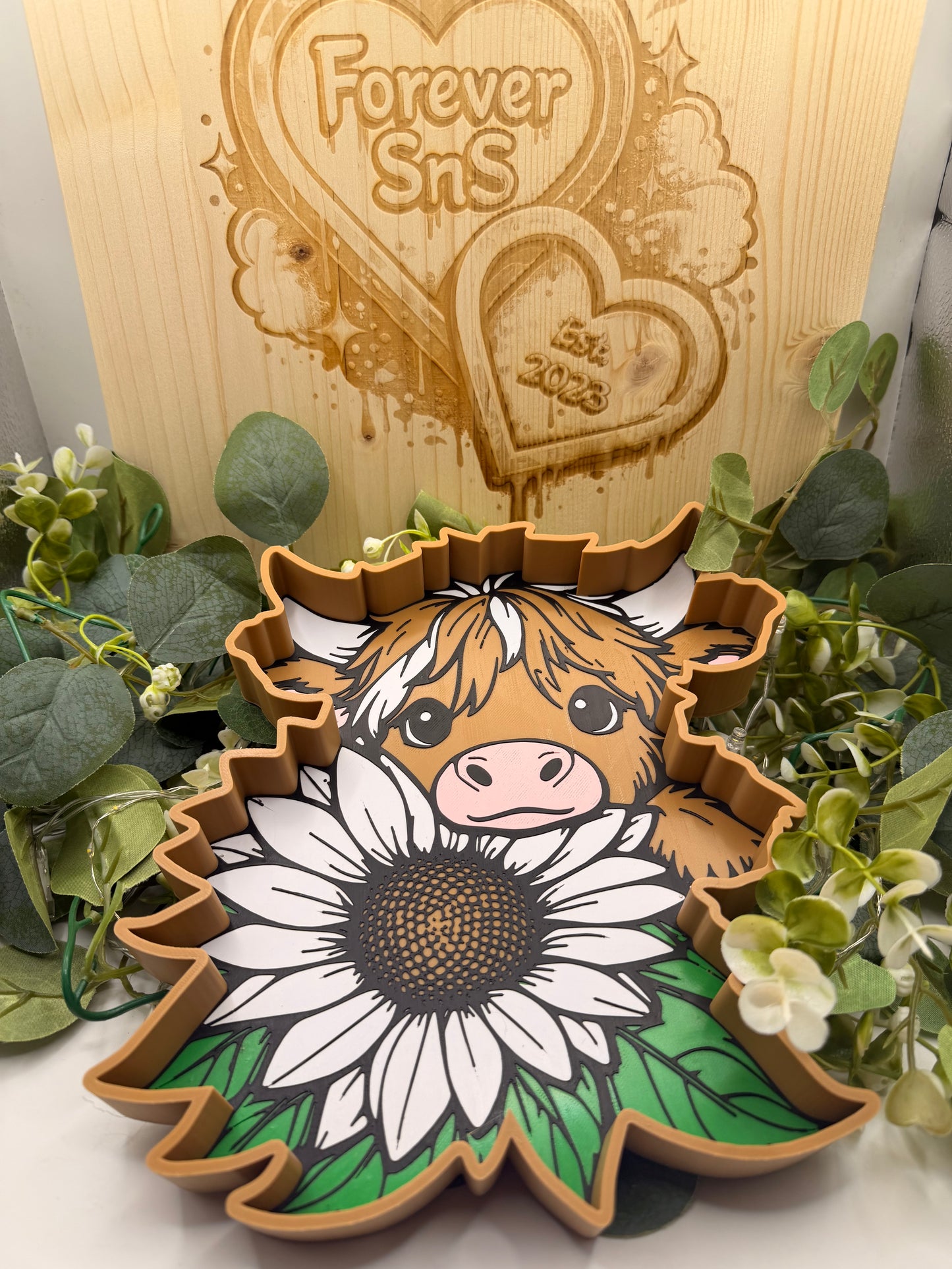 Highland Cow Flower Tray – 3D Printed Rustic Trinket Dish & Home Décor Accessory