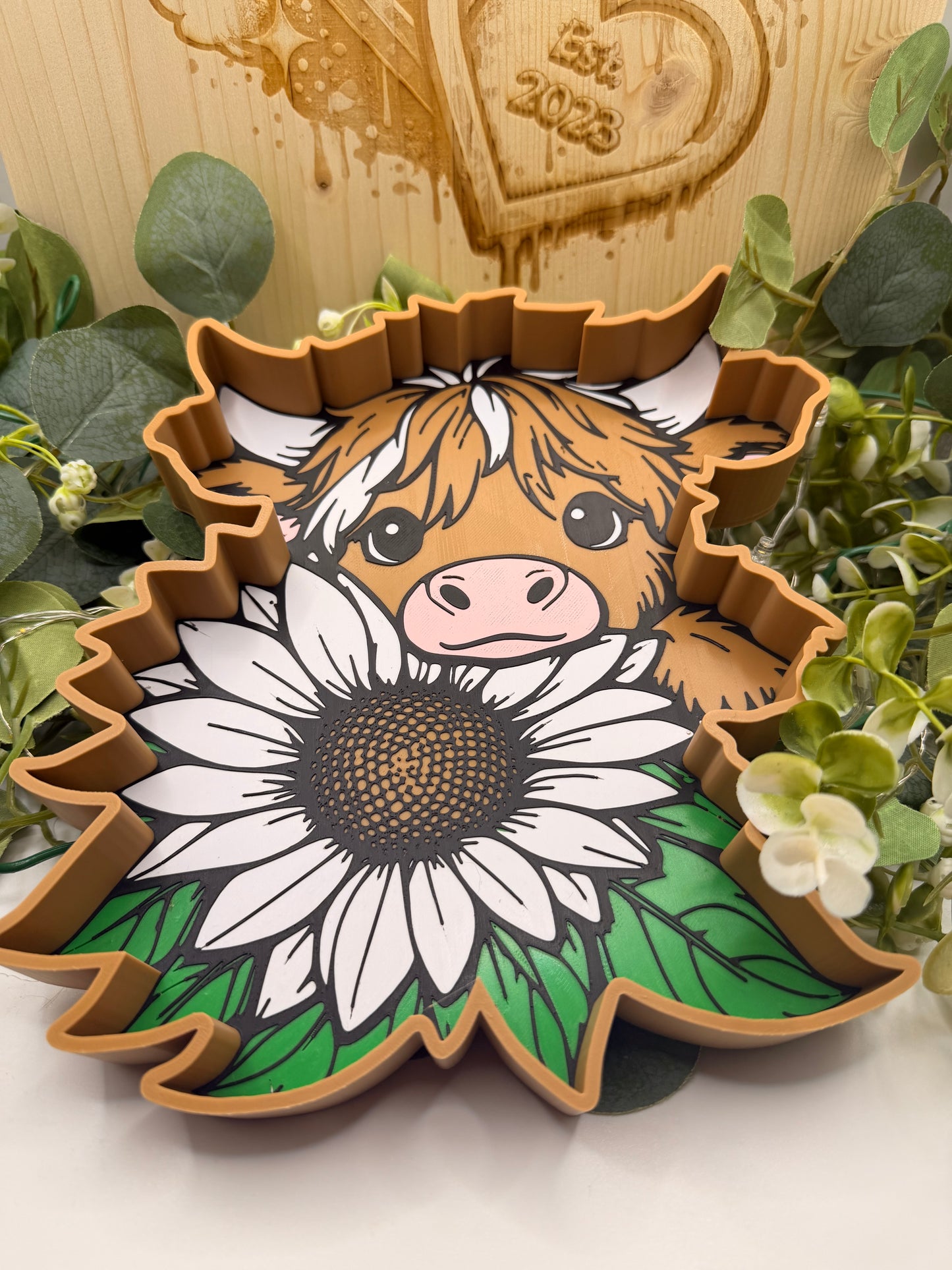 Highland Cow Flower Tray – 3D Printed Rustic Trinket Dish & Home Décor Accessory