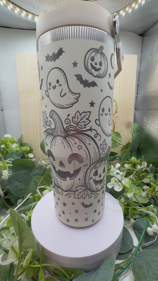 Cute Pumpkin & Ghost Laser Engraved Tumbler – Halloween Stainless Steel Travel Cup